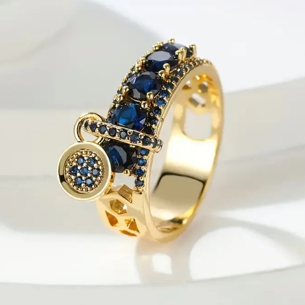 Trendy 18K Gold Plated Blue Sapphire Charm Ring Elegant Statement Band
